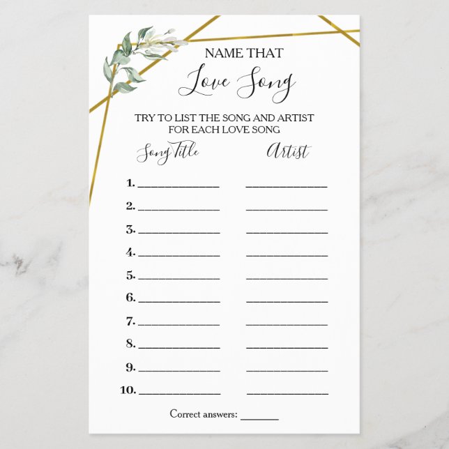 Name that Song Shower Greenery Gold game Card (Front)