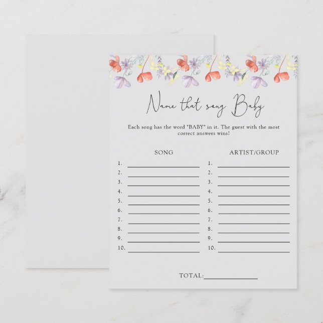 Name that song \ Wildflowers baby shower game (Front/Back)