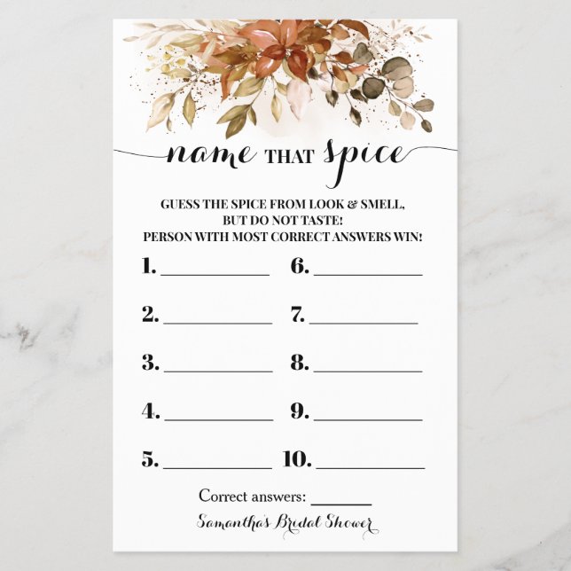 Name that Spice Autumn Bridal Shower Game Card (Front)