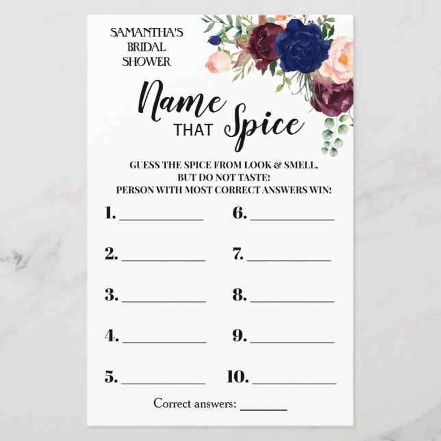 Name that Spice bridal shower english spanish game (Front)