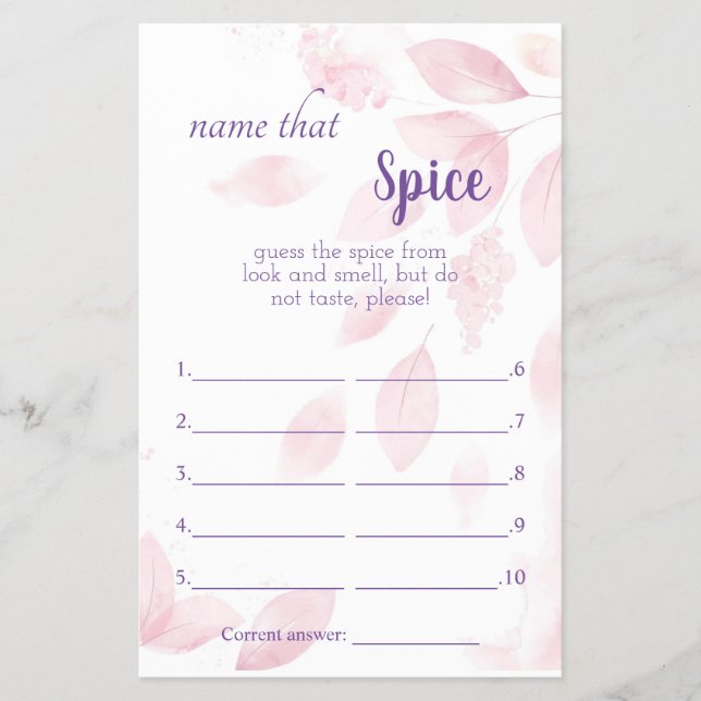 Name that Spice Bridal Shower Game Card (Front)