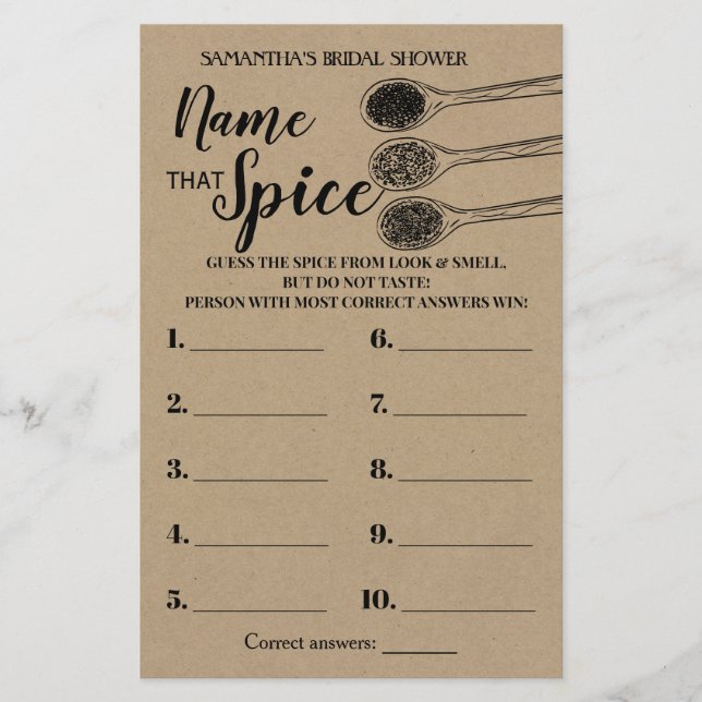 Name that Spice bridal shower game english spanish (Front)
