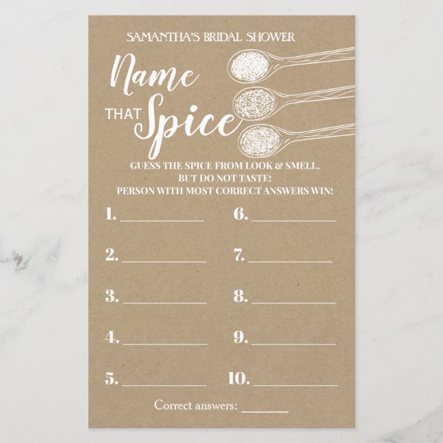 Name that Spice bridal shower game english spanish (Front)