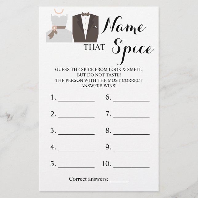 Name that Spice Bride & Groom Game Card (Front)