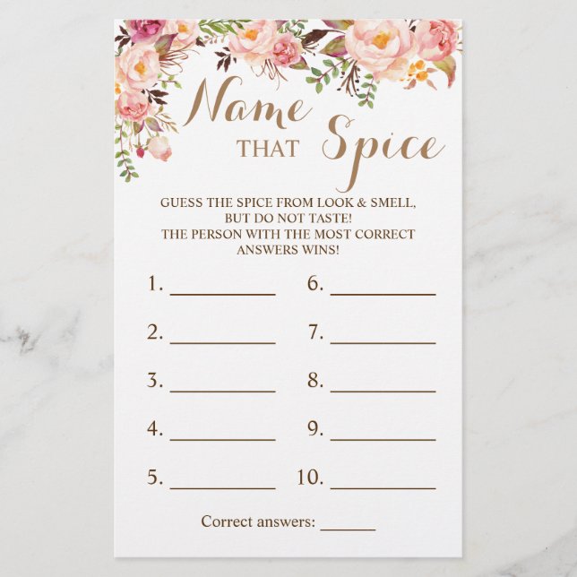 Name that Spice Pink Floral Game Card (Front)