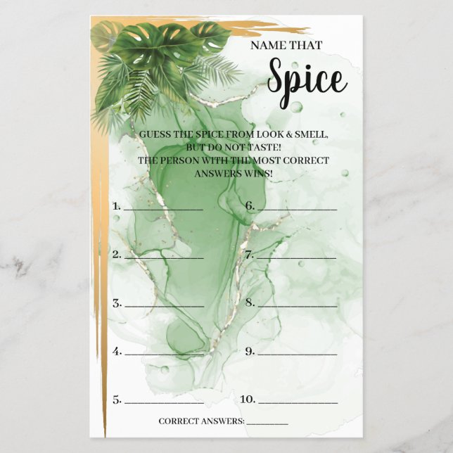 Name that Spice Tropical Bridal Shower Game Card (Front)