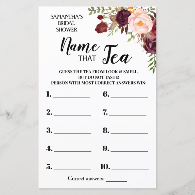 Name that Tea Marsala Flowers Bridal Shower Game (Front)