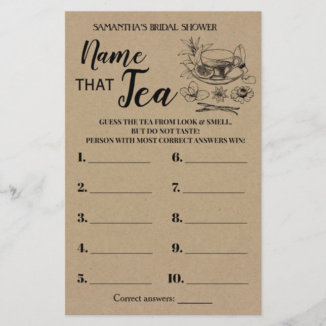 Name that Tea Rustic Bridal Shower Game Card (Front)