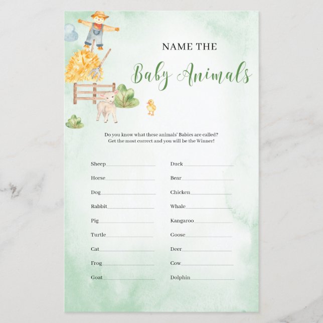 Name the baby animals baby shower game farm (Front)