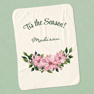 Name, Tis the Season Pink Poinsettia Swag Sherpa Blanket