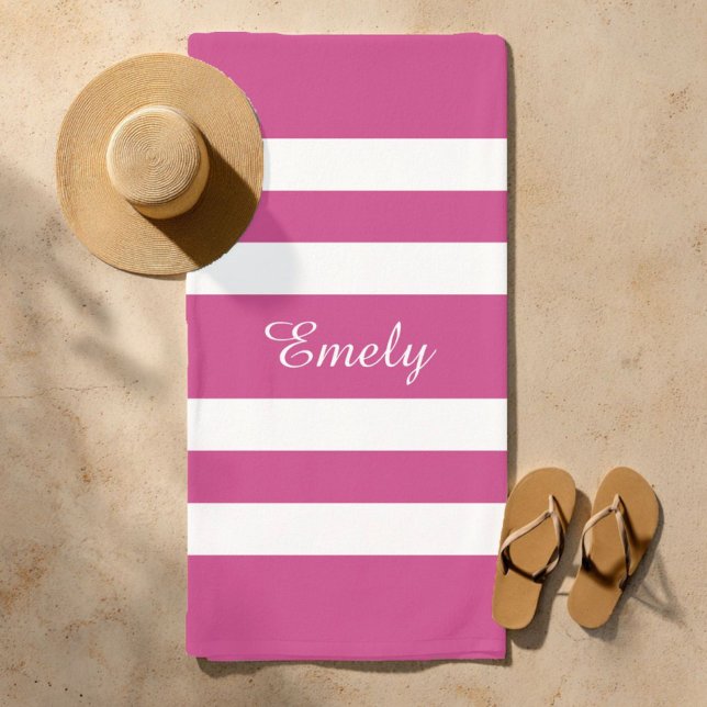 Name Trendy Pink And White Stripes Pattern Beach Towel (Modern Name Pink Striped Pool Beach Towel)