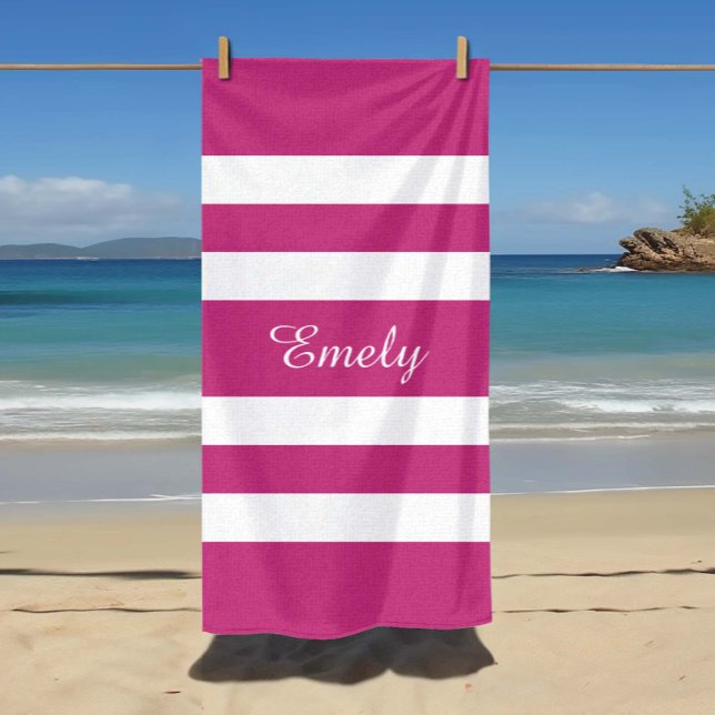 Name Trendy Pink And White Stripes Pattern Beach Towel (Custom Name Modern Name Pink Striped Pool Beach Towel.)