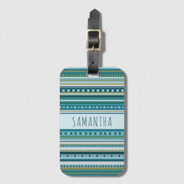 Name Tribal Teal Blue Stripes Pattern Luggage Tag (Front Vertical)