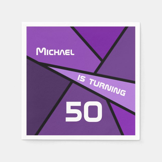 NAME Turning 50 Birthday Abstract Purple Geometric Napkin (Front)