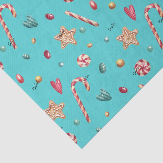 Name, Turquoise Candy Cookies Christmas 3 pcs Tissue Paper (Detail)