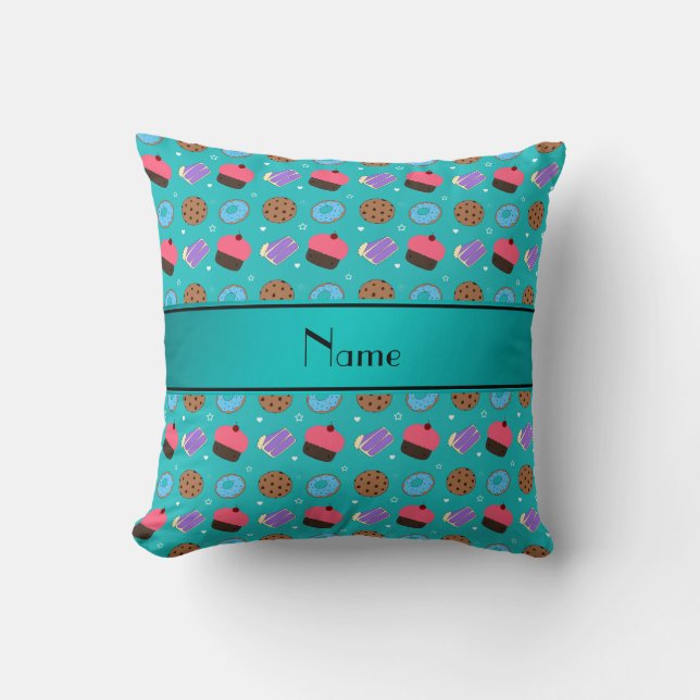 Name turquoise cupcake doughnuts cake cookies cushion (Front)
