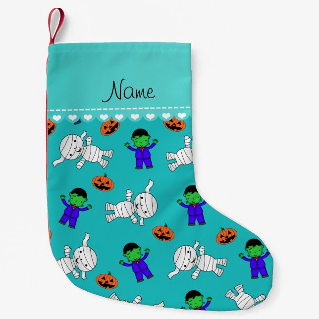 Name turquoise frankenstein mummy pumpkins small christmas stocking (Front)