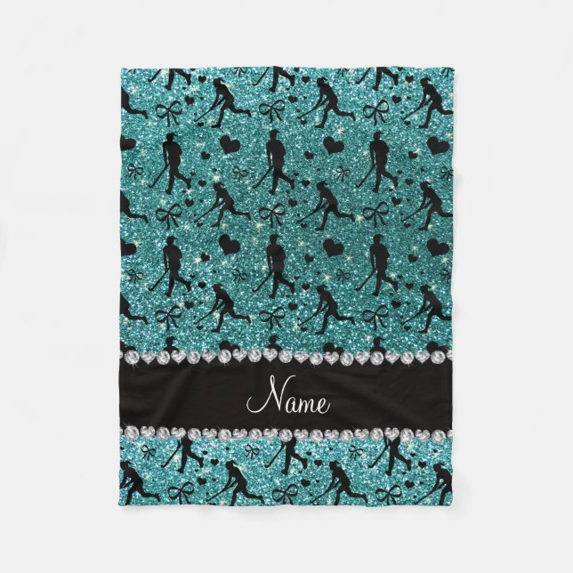 Name turquoise glitter field hockey hearts bows fleece blanket (Front)