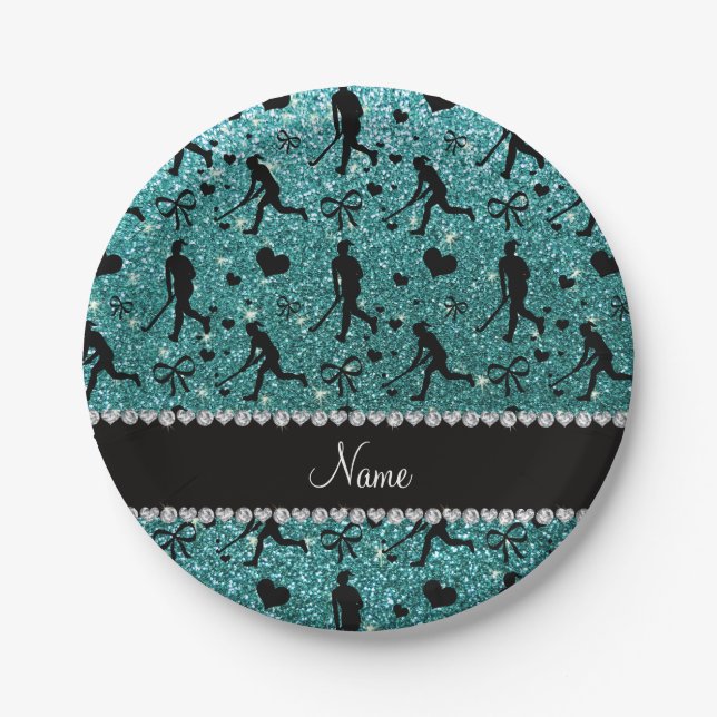 Name turquoise glitter field hockey hearts bows paper plate (Front)