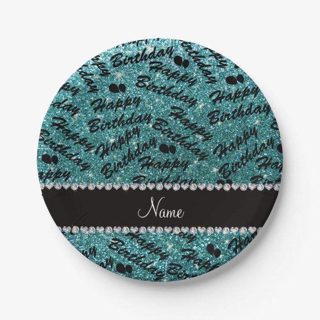 Name turquoise glitter happy birthday balloons paper plate (Front)
