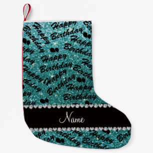 Name turquoise glitter happy birthday balloons small christmas stocking