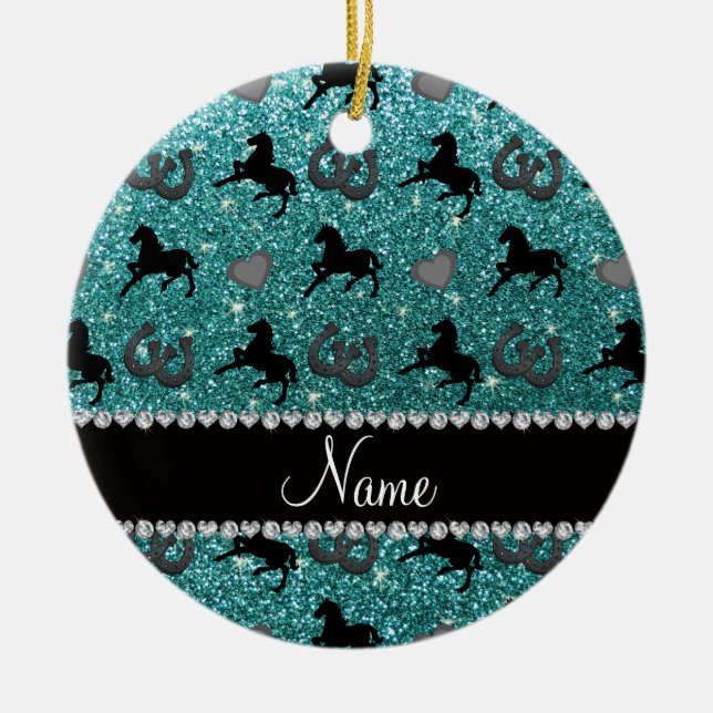 Name turquoise glitter horses hearts horseshoe ceramic tree decoration (Front)