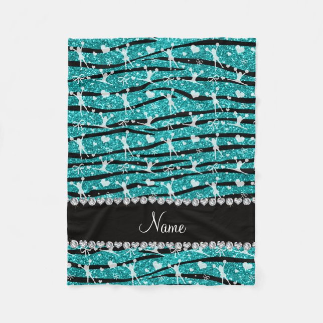 Name turquoise glitter zebra stripes cheerleading fleece blanket (Front)