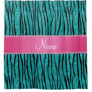 Name turquoise glitter zebra stripes pink stripe shower curtain