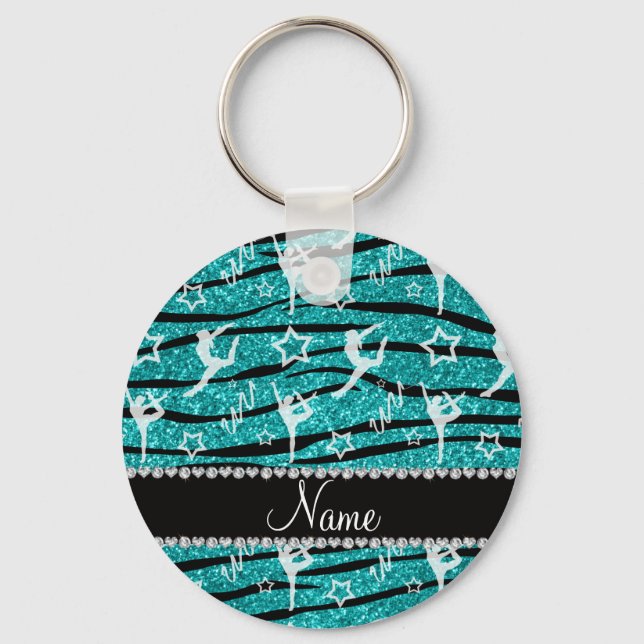 Name turquoise gymnastics glitter zebra stripes key ring (Front)