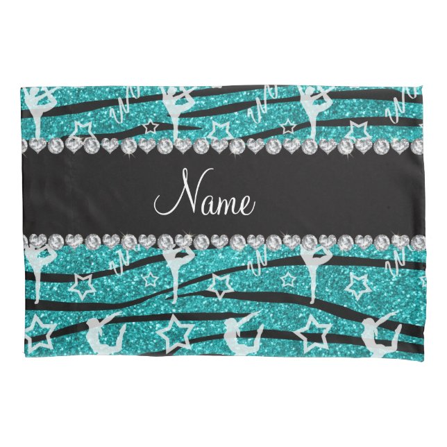Name turquoise gymnastics glitter zebra stripes pillowcase (Front)