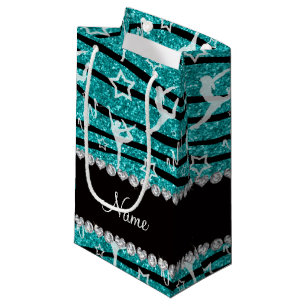 Name turquoise gymnastics glitter zebra stripes small gift bag