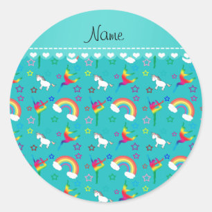 Name turquoise gymnastics rainbows unicorns classic round sticker