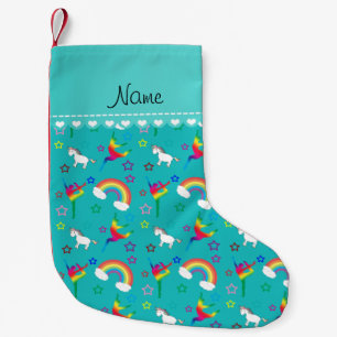 Name turquoise gymnastics rainbows unicorns small christmas stocking