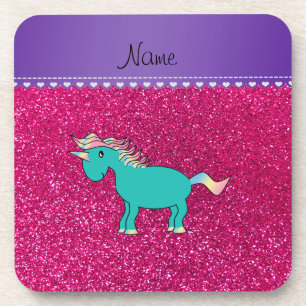 Name turquoise unicorn neon hot pink glitter coaster