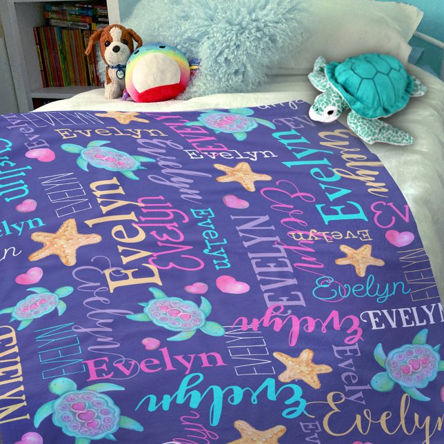 Name turtle seastar pattern pink blue aqua coral  fleece blanket (Creator Uploaded)
