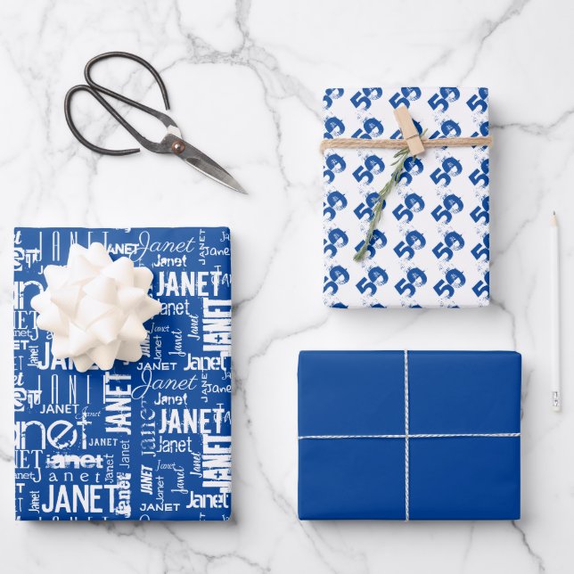 Name Typography Blue White Word Cloud 50th Wrapping Paper Sheet (Front)