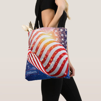 Name, Vibrant Waving Flag and Fireworks Shoulder Tote Bag