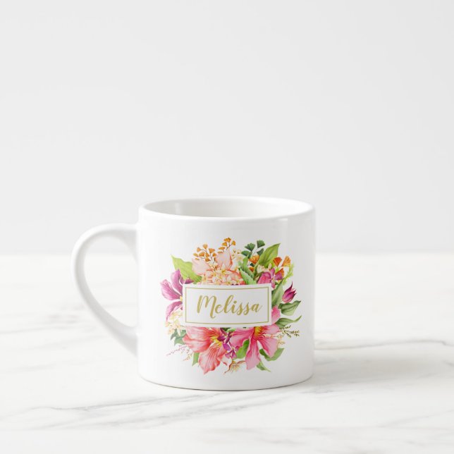 Name Vintage Flowers Pink Pastel Espresso Mug (Left)