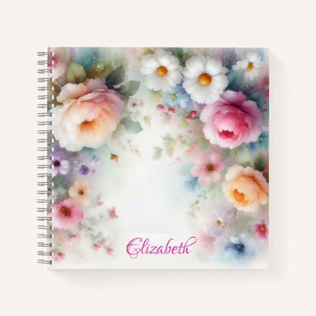 Name Watercolor Aquarell Flowers Template Colorful Notebook (Front)