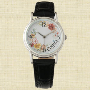 Name, Watercolor Dutch Florals Black Leather Watch