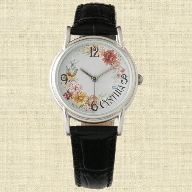 Name, Watercolor Dutch Florals Black Leather Watch (Creator Uploaded)
