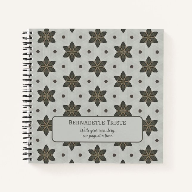 Name Watercolor Geometric Star Pattern Grey Brown Notebook (Front)