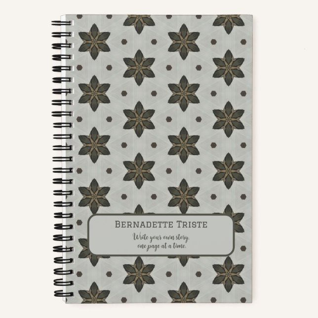 Name Watercolor Geometric Star Pattern Grey Brown Notebook (Front)