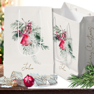 Name Watercolor Modern Typography Merry Christmas Medium Gift Bag