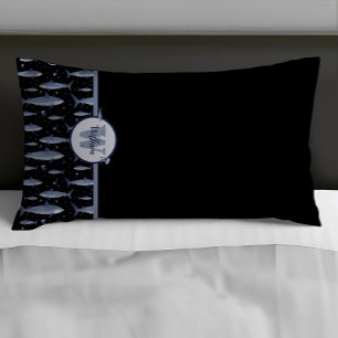 Name + Watercolor Monogram Shark   Black & Blue Pillowcase