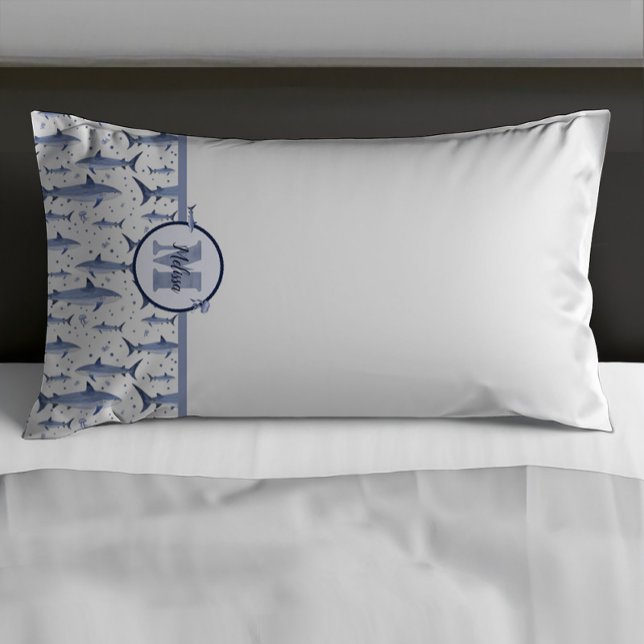 Name + Watercolor Monogram Shark | Blue & White Pillowcase (Creator Uploaded)