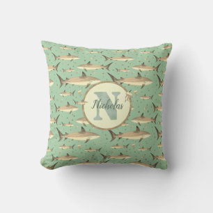 Name + Watercolor Monogram Shark Pattern   Green Cushion
