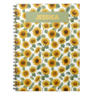 Name Watercolor Sunflower Floral Pattern Custom Notebook