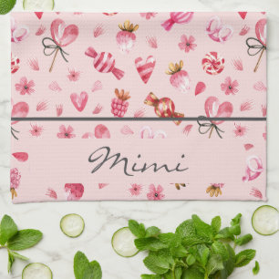 Name, Watercolor Valentine Candy Pattern Tea Towel