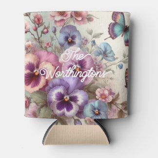 Name Watercolor Vintage Pansies Flowers Pastels Can Cooler